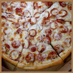 Harper’s Pizza and Ice Cream - Large garlic pizza with pepperoni and onions.