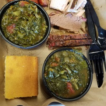 Mission BBQ - Three meat combo, Turkey, brisket and jalapeno and cheese sausage with corn bread and collard greens - Barbeque Near Me - Davie, Florida Mission BBQ - Three meat combo, Turkey, brisket and jalapeno and cheese sausage with corn bread and collard greens - Barbeque Near Me - Davie, Florida