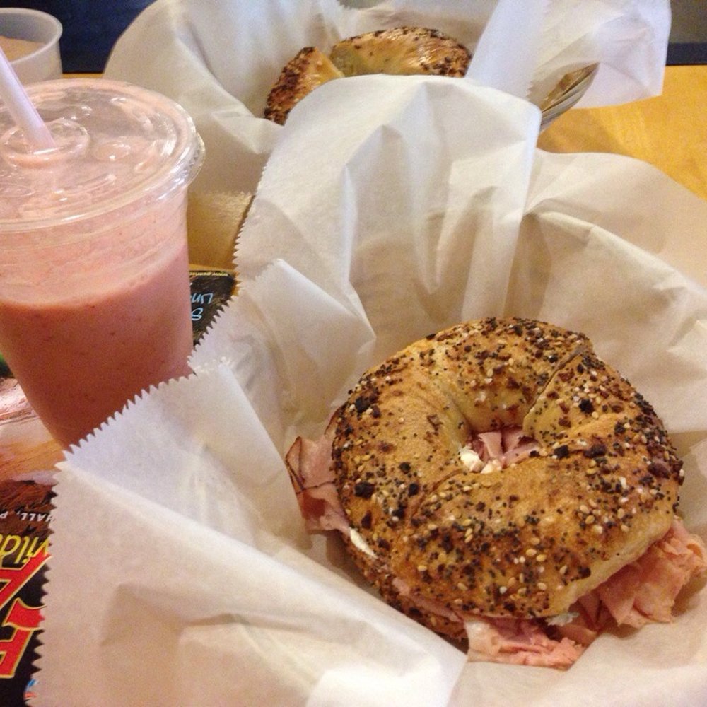 Irving's - Everything bagel with lite tomato basil cream cheese and ham. - Coffee & Tea Near Me - State College, Pennsylvania Irving's - Everything bagel with lite tomato basil cream cheese and ham. - Coffee & Tea Near Me - State College, Pennsylvania