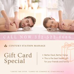Century Station Massage - Gift Card Special
Better Deal, Better Value
This is the best health gift for your friends and family