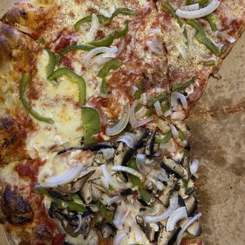 Andy's Pizza - Shaw - Red pizza with green pepper, raw onion and mushrooms. - Pizza Near Me - Washington, DC, District of Columbia