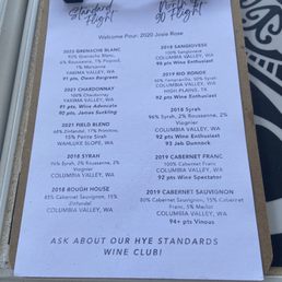 Wine Tasting Flights. Standard Flight on the left and North of 90 Flight list on the right.