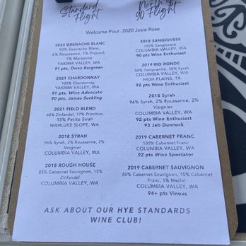 Covington Cellars - Wine Tasting Flights. Standard Flight on the left and North of 90 Flight list on the right. - Wine Tasting Room Near Me - Hye, Texas