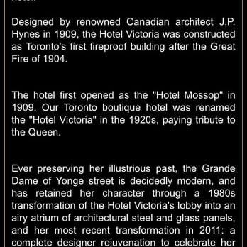 Hotel Victoria - A little detail from their website - Hotels Near Me - Toronto, Ontario Hotel Victoria - A little detail from their website - Hotels Near Me - Toronto, Ontario