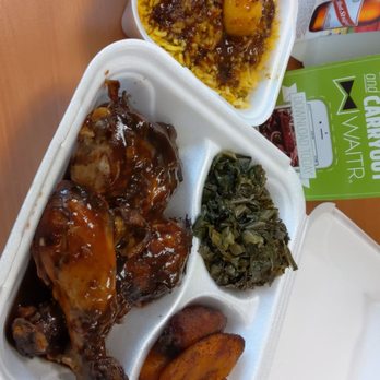 Mo'Bay Island Cuisine - Spicy rice with curry, collared greens, jerk chicken and plantains - Caribbean Near Me - Pooler, Georgia