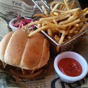 Mash'D - Baby back rib sandwich with slaw and pickled peppers and onions on the side. And, of course, fries on the side with house made ketchup! - New American Near Me - Frisco, Texas