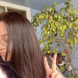 LM Hair Studio & Boutique - The before. You can see the light brown roots, black in the midsection and a very warm ends.