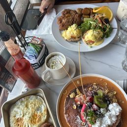 Thai pancakes with a matcha latte + fried chicken Benedict with iced strawberry matcha latte Thai pancakes with a matcha latte + fried chicken Benedict with iced strawberry matcha latte