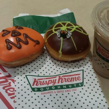 Krispy Kreme - Small iced pumpkin latte, jack of lantern, and spider donut - Donuts Near Me - Long Beach, California Krispy Kreme - Small iced pumpkin latte, jack of lantern, and spider donut - Donuts Near Me - Long Beach, California