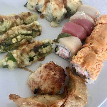 Tengoku Sushi - Leftovers- super delish & super in tact! Clockwise: Japanese lasagna, Rainbow, Sexy Boy, potstickers, mushroom cap, stuffed jalapeños - Japanese Near Me - Henderson, Nevada