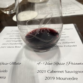 Lucca Winery - A clear wine glass containing red wine is placed on top of a printed wine list, which features various wine options and years. The background includes additional glasses and menus, indicating a dining or tasting setting at a winery or restaurant. - Wineries Near Me - Ripon, California