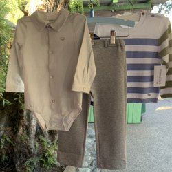 Whimsical Charm - Blue, green, and white toddler striped sweater, ivory collared long sleeve onesie, and grey pants