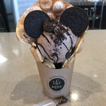 The Moo Gelato & Eats - Plain waffle with Ferrero Rocher gelato with Oreo cookie and chocolate drizzle - Gelato Near Me - Huntington Beach, California The Moo Gelato & Eats - Plain waffle with Ferrero Rocher gelato with Oreo cookie and chocolate drizzle - Gelato Near Me - Huntington Beach, California