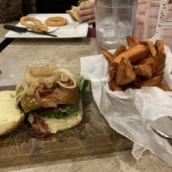 Barrels & Boards - Bacon cheeseburger with sweet potato fries - New American Near Me - Raynham, Massachusetts