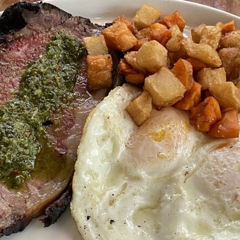 Rosewater - Steak and eggs with chimichurri with side of root vegetable hash (potatoes and sweet potatoes) - Mediterranean Near Me - Raleigh, North Carolina