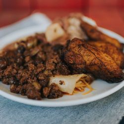 Hollee Mollee Bistro Latino - Pica Mollee Plate Cuban Picadillo enchiladas, rice, Cuban bean stew, and sweet plantains