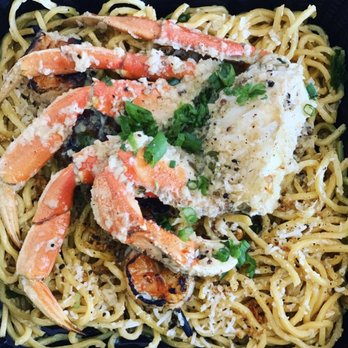 Salt & Fire Catering - Half a crab with Garlic noodles & shrimp on a skewer - Caterers Near Me