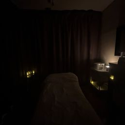 Massage room, separated by curtains offers a relaxing space. Massage room, separated by curtains offers a relaxing space.