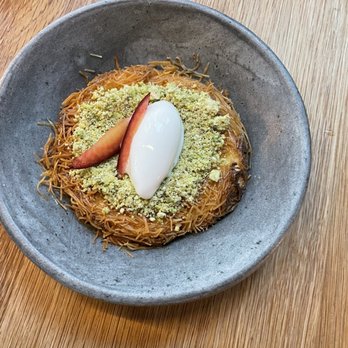 Albi - Brown butter knafeh with pistachio, attar syrup, yogurt sorbet - Middle Eastern Near Me - Washington, DC, District of Columbia Albi - Brown butter knafeh with pistachio, attar syrup, yogurt sorbet - Middle Eastern Near Me - Washington, DC, District of Columbia