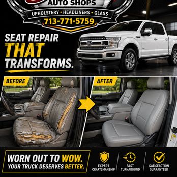 Stetson Auto Shops - Call 713-771-5759 complete auto upholstery leather and vinyl repair #autoleatherrepair #autovinylrepair #carseatrepair #fixmycarseat #seats - Auto Upholstery Near Me - Houston, Texas