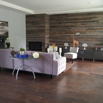 Guildford Flooring & Design - Family Room and feature wall  using same reclaimed wood from stairs centered wall - Flooring Near Me - Surrey, British Columbia