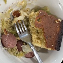 Burning Bush Southern Cafe and Grill - Cabbage and sausage with jalapeño cornbread