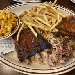 BBQ Sampler - 3 Meats (Pulled Pork, Brisket, Ribs) and 3 Sides (Mac & Cheese, Side Salad (not pictured), Fries)
