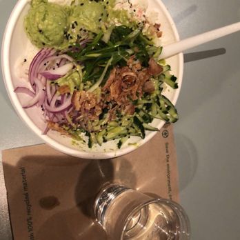Miko Poke - Veggie bowl with white rice California style and a glass of water - Poke Near Me - Madison, Wisconsin Miko Poke - Veggie bowl with white rice California style and a glass of water - Poke Near Me - Madison, Wisconsin