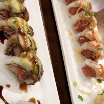 Sushi Asahi - A poorly taken picture of the:  R5. In and Out Spicy Roll and R10. La Sierra - Sushi Bars Near Me - Riverside, California