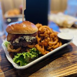 The Breakroom - Blue cheese burger with curly fries