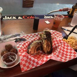 Grouper Reuben sandwich, hush puppies, mac and cheese w/Old Fashioned Cocktails. Grouper Reuben sandwich, hush puppies, mac and cheese w/Old Fashioned Cocktails.