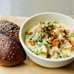 Smoked Seafood Chowder with a severely buttered homemade roll.