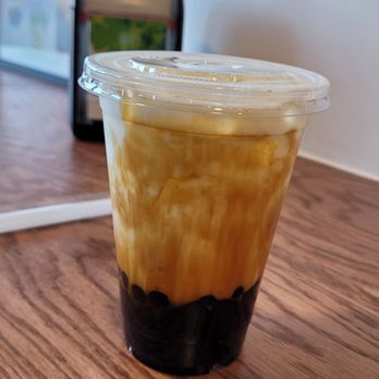 Tea Method - Brown sugar milk boba tea, before mixing. - Coffee & Tea Near Me - Simsbury, Connecticut