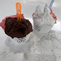 STG Gelateria - Raspberry and Super Dark Chocolate sorbet (right) Lemon and strawberry sorbet (left)