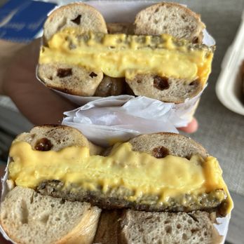 Isaac's Bagels - Sausage egg and cheese on raisin bagel - Bagels Near Me - Durham, North Carolina