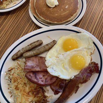 IHOP - Breakfast Sampler (2x Pancakes, Eggs, Sausage, Bacon & Ham w/ Hash Browns) - Breakfast & Brunch Near Me - Farmingdale, New York IHOP - Breakfast Sampler (2x Pancakes, Eggs, Sausage, Bacon & Ham w/ Hash Browns) - Breakfast & Brunch Near Me - Farmingdale, New York