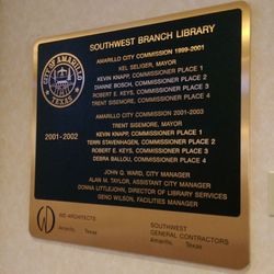 Amarillo Public Southwest Library - Commemorative plaque near the entrance.