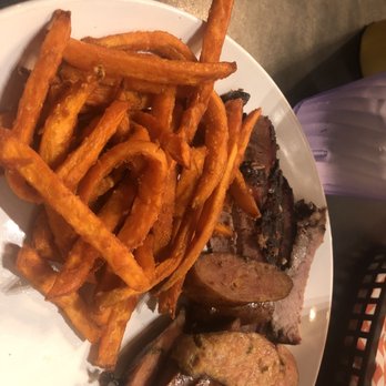 Main Street Barbecue - 1/2 LB meal, jalapeño cheddar sausage, sliced beef and sweet potato fries. - Barbeque Near Me - Durant, Oklahoma Main Street Barbecue - 1/2 LB meal, jalapeño cheddar sausage, sliced beef and sweet potato fries. - Barbeque Near Me - Durant, Oklahoma