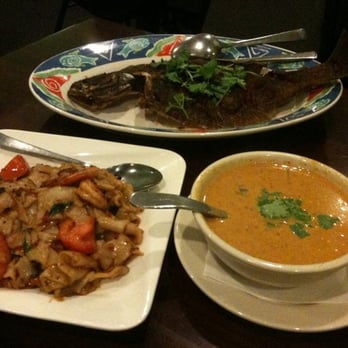 Ruan Thai - Pad Kee Mao with Shrimp and Crispy Whole Fish with Red Curry Sauce - Thai Near Me - Wheaton, Maryland
