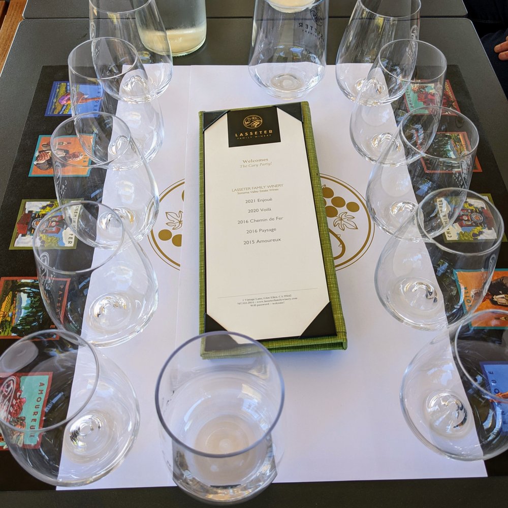Lasseter Family Winery - Our wine tasting setup. - Wineries Near Me - Glen Ellen, California Lasseter Family Winery - Our wine tasting setup. - Wineries Near Me - Glen Ellen, California