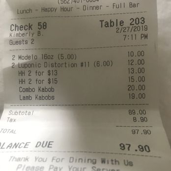 The Olive Restobar - The receipt where they did not honor the happy hour prices on our draft beer. - Mediterranean Near Me - Downey, California