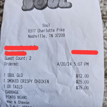 Soul - Receipt - Italian Near Me - Nashville, Tennessee