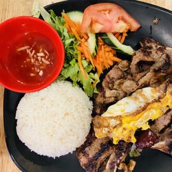 Pho Cafe - #45. Grilled Pork Chop, Chinese Sausage and Egg Rice Dish. Disappointed that they shorted us one Chinese sausage.