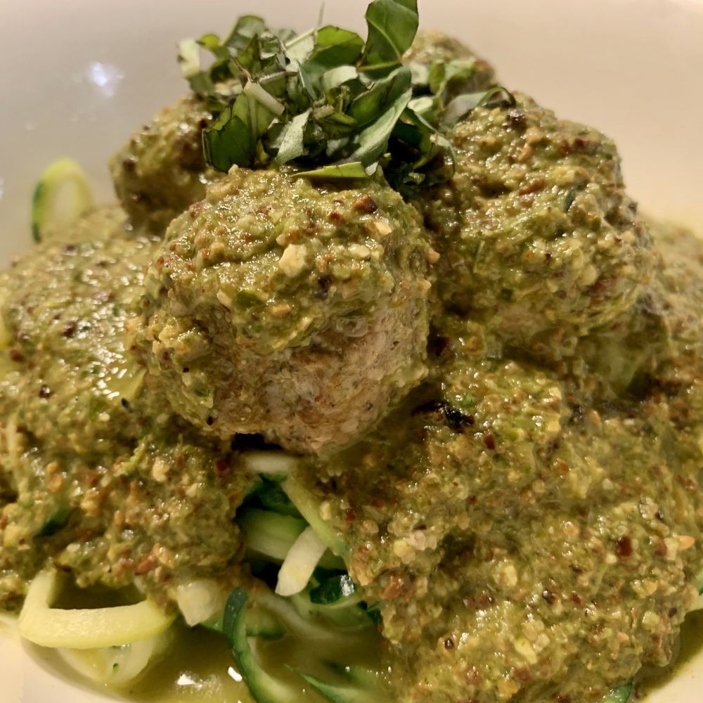 Kitava - Pesto Zoodle Bowl w/Meatballs Not seen in the photo is the large dusting of nutritional yeast I asked for on the side. - Gluten-Free Near Me - San Francisco, California Kitava - Pesto Zoodle Bowl w/Meatballs Not seen in the photo is the large dusting of nutritional yeast I asked for on the side. - Gluten-Free Near Me - San Francisco, California