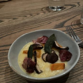 Trestle - Butter squash Risotto with mushroom and crispy pork - New American Near Me - San Francisco, California Trestle - Butter squash Risotto with mushroom and crispy pork - New American Near Me - San Francisco, California