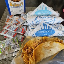 Chorizo taco, burritos, tots and sauces
