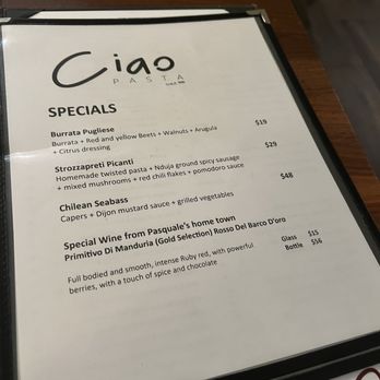 Ciao Pasta - Specials menu 02/26 - Italian Near Me - San Juan Capistrano, California