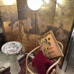 Bloomingdeals Fine Consignments - Gold screen c mid century modern wicker chair , furniture and home accessories