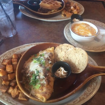 Another Broken Egg Cafe - Baquezo omelette, cheese grits (not impressed), and the waffle sliders! - Breakfast & Brunch Near Me - Panama City Beach, Florida