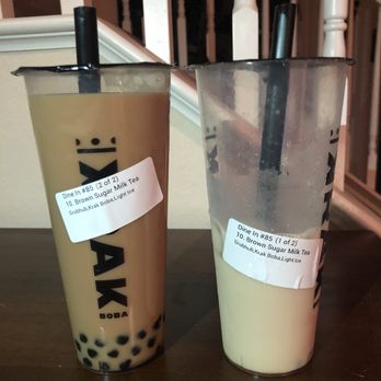 Krak Boba - 2 brown sugar milk teas. The one on the right was good, as shown by how the person nearly finished it lol - Coffee & Tea Near Me - Riverside, California
